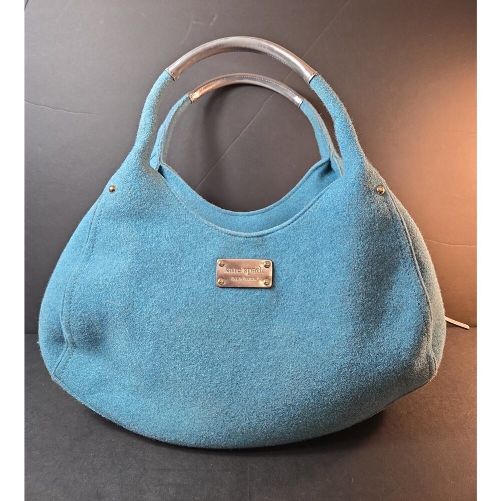 Kate Spade New York Blue Wool Felt Hobo Bag Silver Handles Polka Dot Lining